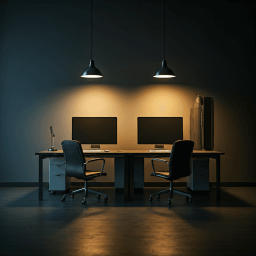 Modern dark office interior with professional technology setup